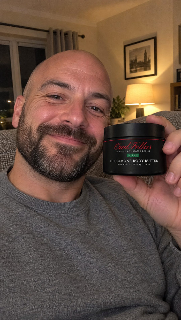Customer photo: man showing OudFellas Milan body butter